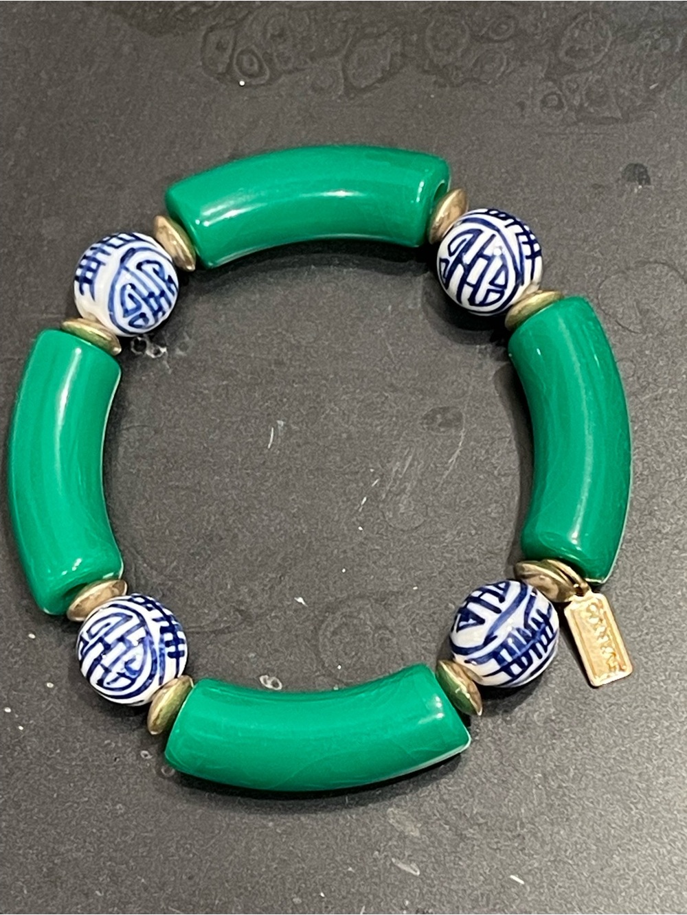Canvas Green Tube Bead Bracelet with Blue-White Porcelain Balls